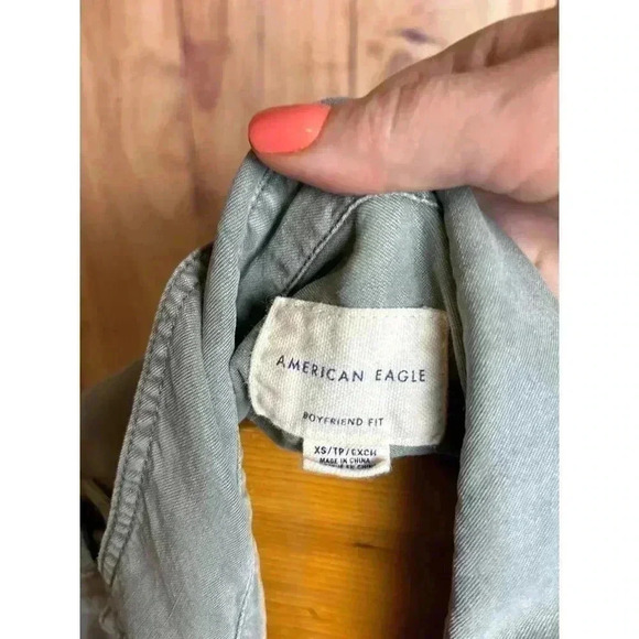 American Eagle Olive Green Button Down Utility Boyfriend Fit Shirt Size XS - Picture 5 of 8